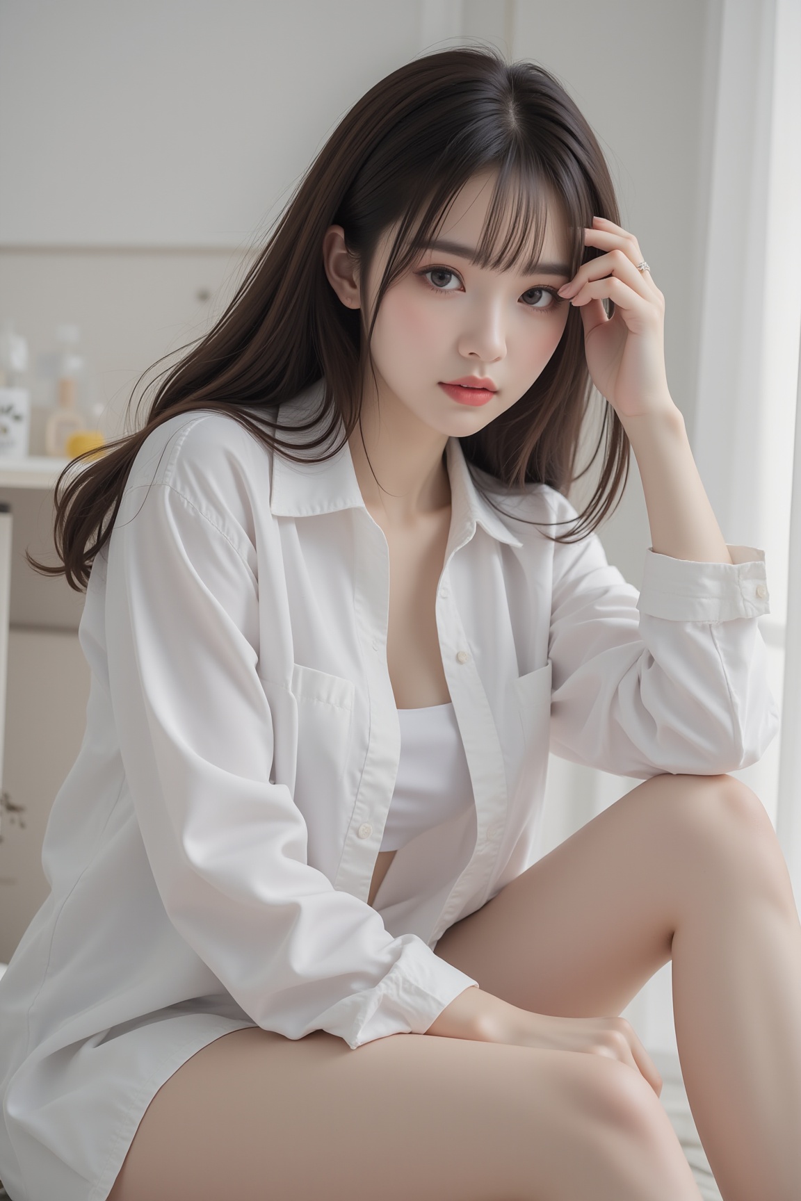 1girl is wearing a white boyfriend shirt,Shoulders and legs exposed,sitting,