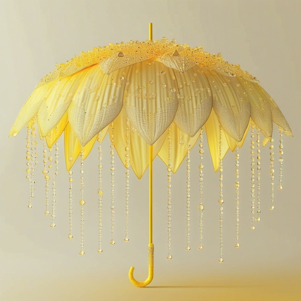 san,umbrella,A stunningly detailed digital rendering of a fancy,see-through yellow parasol decked out with loads of clear,dangling beads. The parasol's petals are a soft,glowing yellow with a golden gradient,giving it a lifelike vibe. The background is a plain,light beige,making the parasol's intricate details and texture pop.,,<lora:sanv1:0.8>