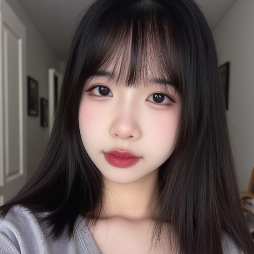 with bangs framing her face. She is wearing a revealing,  dark hair is styled in a sleek,  natural makeup look with a hint...