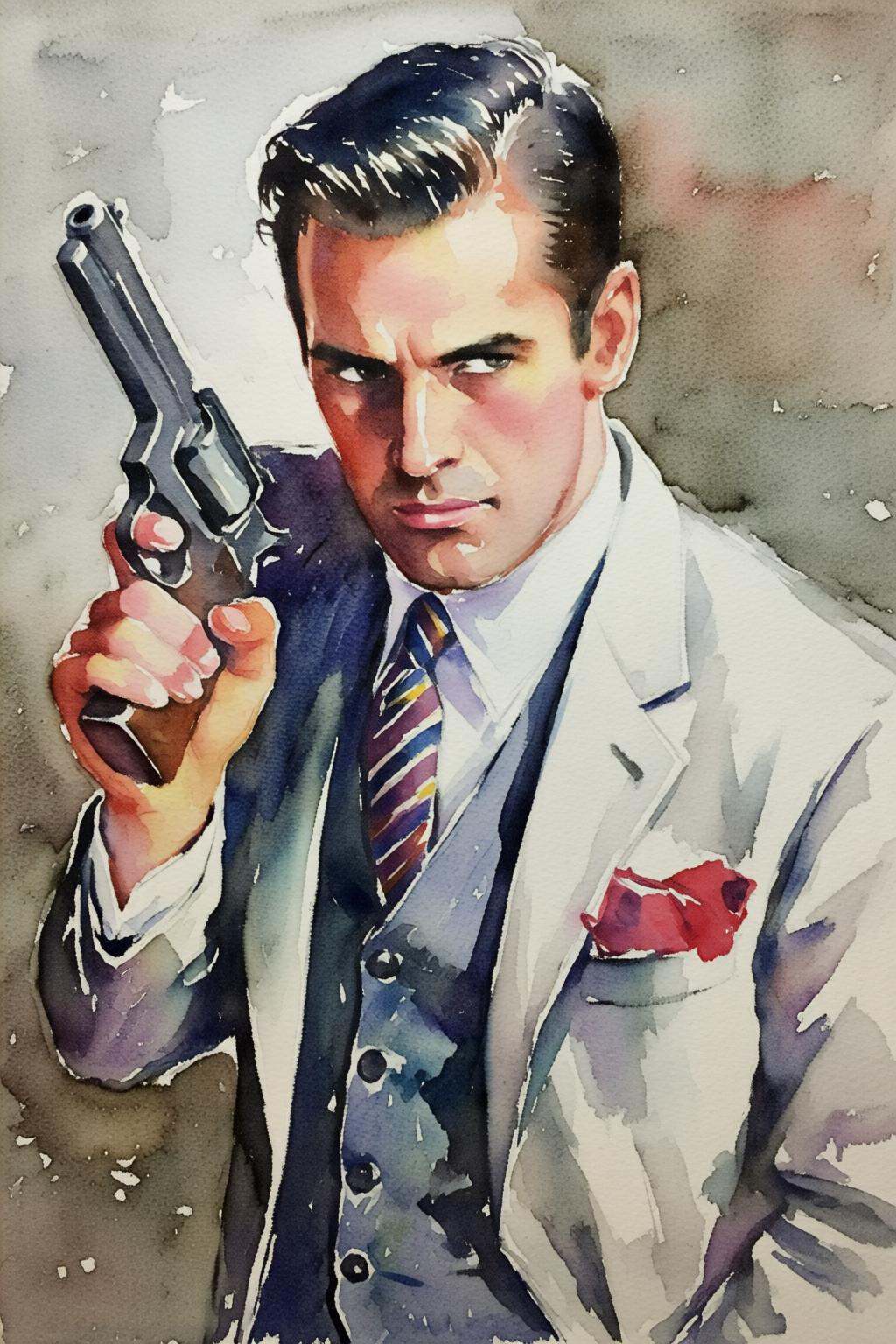 watercolorbasic2q watercolor painting. High angle view of a man with slick back hair,  holding a gun. He is dressed in a f...