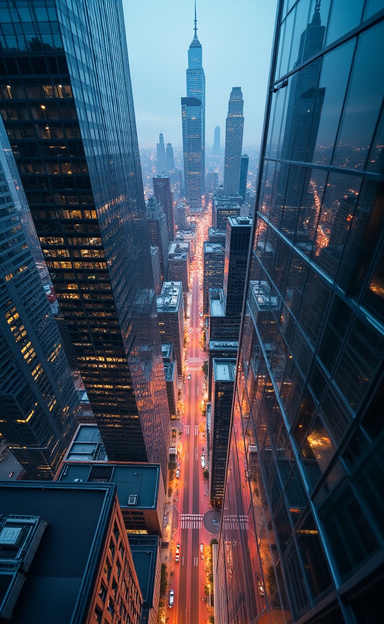 Macro lens, top-down view, bird's-eye view, from the sky, the city's architectural complex is composed of high-rise buildings made of transparent glass, with orange and pink light on the borders, commercial photography, high-definition image quality, and a shift axis lens. microspur