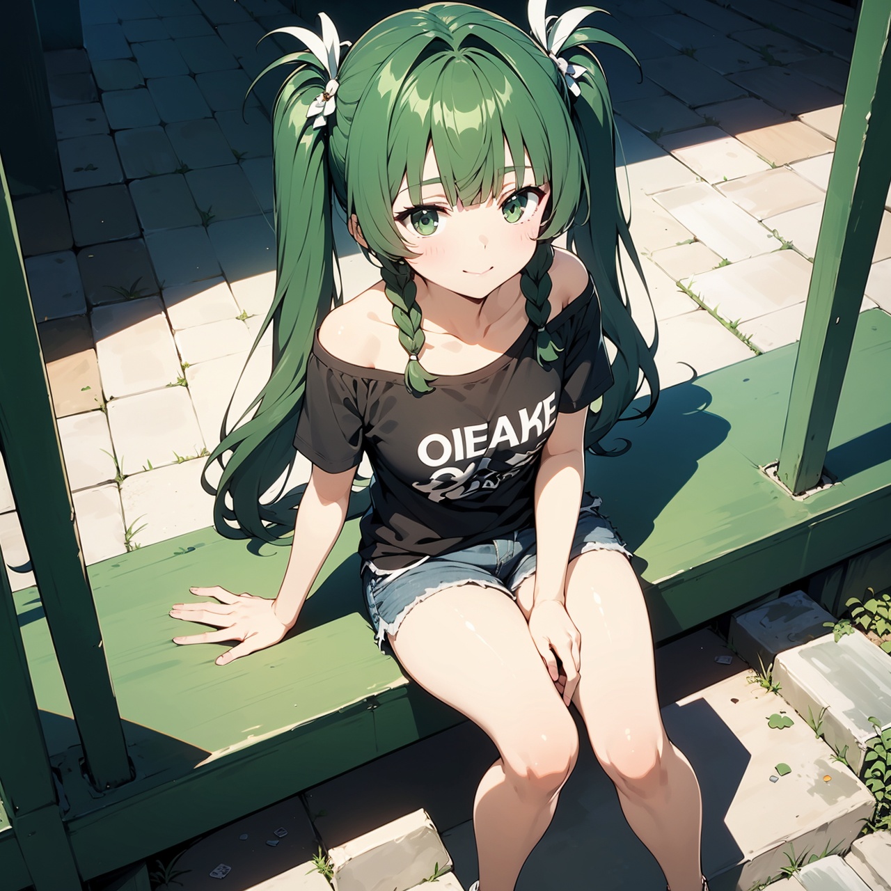 1girl,solo,long hair,looking at viewer,smile,bangs,shirt,hair ornament,bare shoulders,twintails,very long hair,closed mouth,green eyes,standing,collarbone,braid,short sleeves,outdoors,green hair,shorts,blunt bangs,off shoulder,twin braids,black shirt,short shorts,feet out of frame,from above,sunglasses,denim,clothes writing,black-framed eyewear,blue shorts,denim shorts,off-shoulder shirt,adjusting eyewear,tile floor,looking over eyewear,qing-yi,(flat chest),head-on, looking at the audience