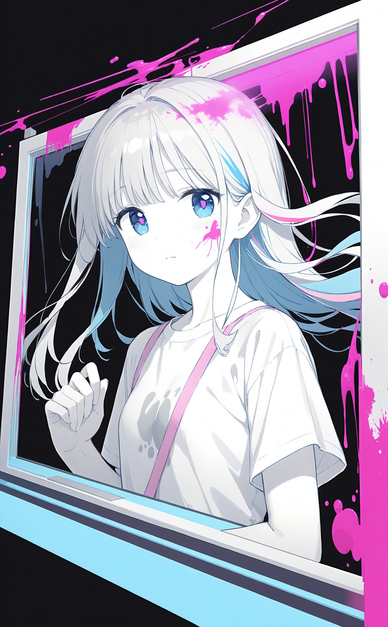 masterpiece,best quality,high quality,(colorful),artist Alens,Artist\:ciloranko,Artist hiten \(hitenkei\),artist wlop,artist tianliangduohefangdongye,loli,1girl,solo,pink blood,blue eyes,upper body,white hair,long hair,shirt,multicolored hair,blue hair,looking at viewer,closed mouth,blood,floating hair,white shirt,holographic interface,hand up,colored skin,paint splatter,white skin,window (computing),liquid,paint splatter on face,holographic monitor,pink hair,short sleeves,parted bangs,hair intakes,long sleeves,blood on face,black background,expressionless,glitch,pink pupils,streaked hair,pale skin,