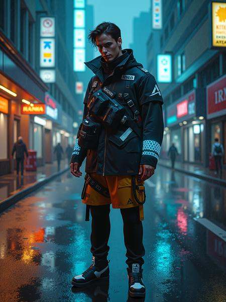 mad-cbrpnkotft01,  man wearing outfit standing in the rain of cyberpunk city Lying down pose on Tensor.Art