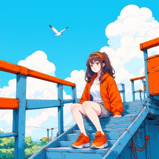 anime style image of a young woman sitting on a blue and orange staircase,  set against a bright,  clear blue sky with flu...