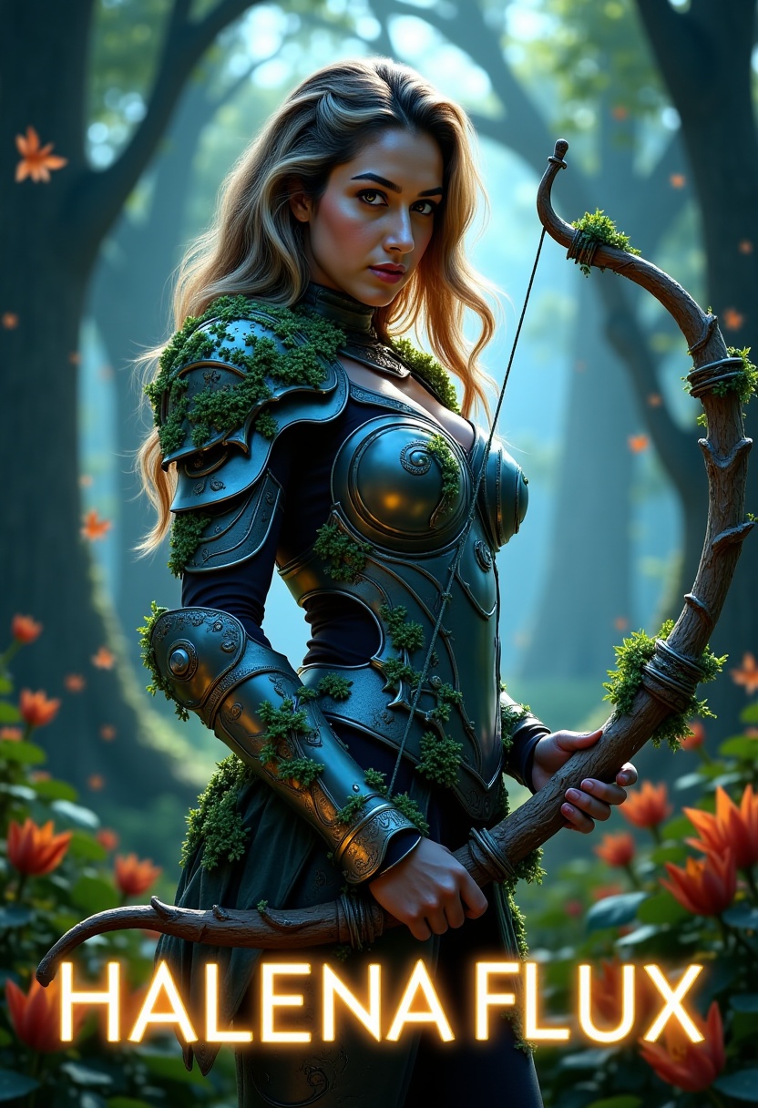 Poster of a futuristic nature warrior,  standing in the middle of an ancient,  glowing forest. She’s adorned in armor made...