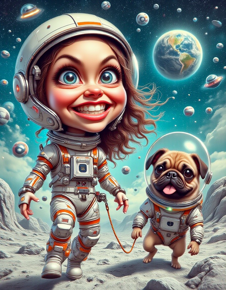 A whimsical cartoon-style artwork featuring a cheerful young woman in a futuristic space suit walking her adorable pug on...
