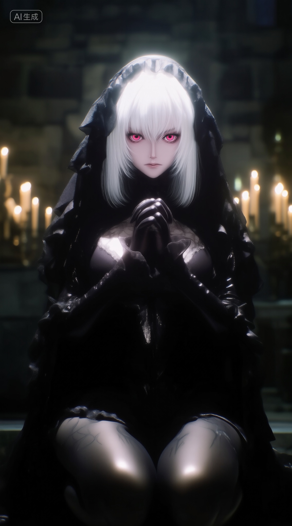 a digital illustration shoot from a front camera angle about a character with white hair and red eyes,  dressed in a dark,...