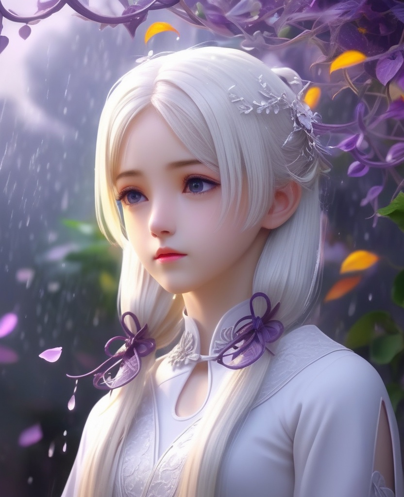 <lora:843-DA-XL-元龙-宋嫣:0.8>, (masterpiece),(best quality),illustration,ultra detailed,hdr,Depth of field,(colorful),loli,white background,Dundar effect,a lot of purple vines,vines covering half of the painting,delicate plant details,a girl,girl,petite girl,long white hair,golden pupils,white dress,bare feet,side,side,upper body,head up,sad eyes,rain,light,figure light,petals,purple filter,left,fog,dream,unreal,Blur,float light,