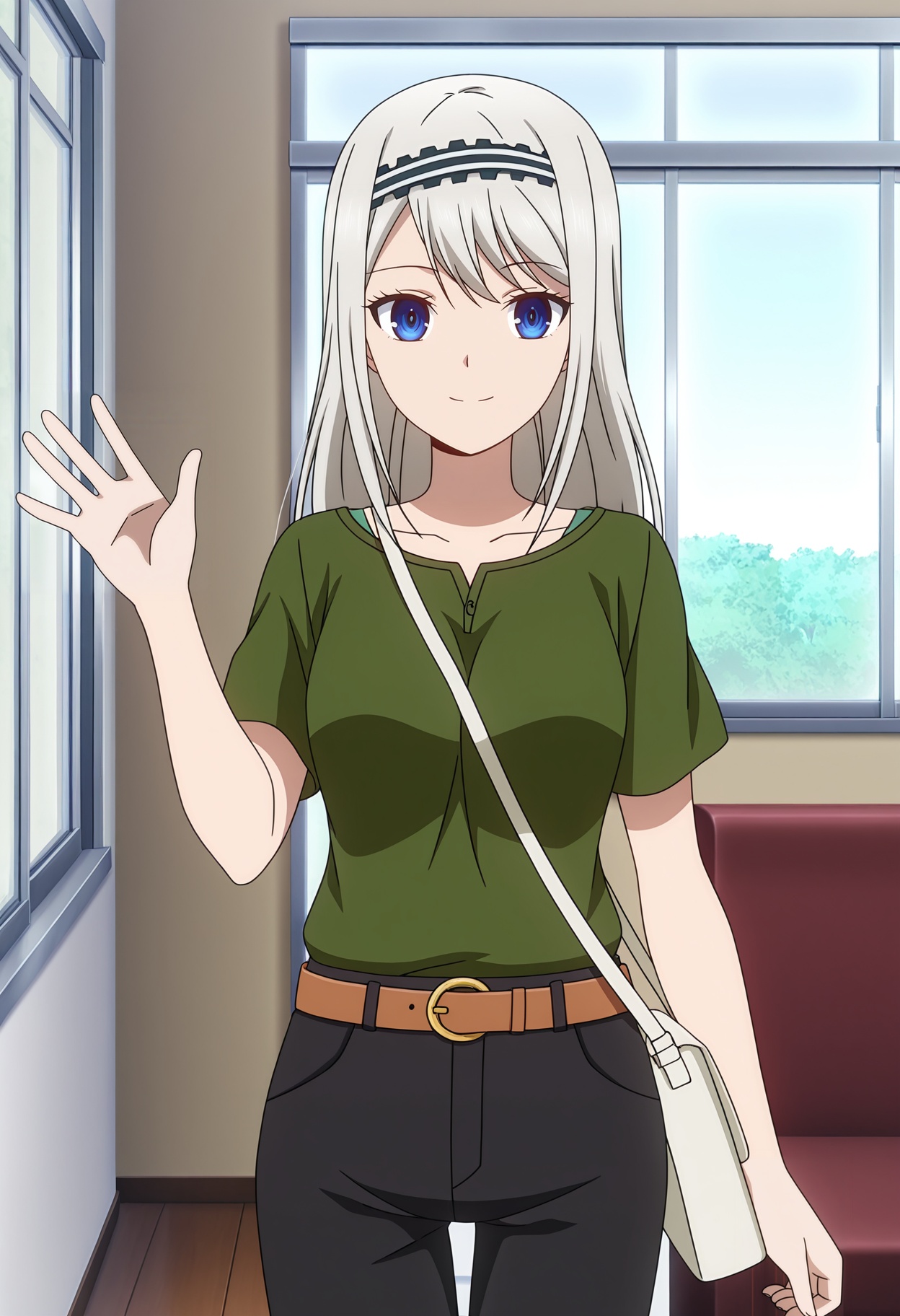 <lora:Shirogane Kei_illustrious-000010:1>,Shirogane Kei, solo, pants, smile, green shirt, belt, hairband, shirt, bag, indoors, black pants, looking at viewer, short sleeves, striped hairband, breasts, closed mouth, waving, hand up, cowboy shot, handbag, casual, standing, window, shoulder bag, anime screencap
