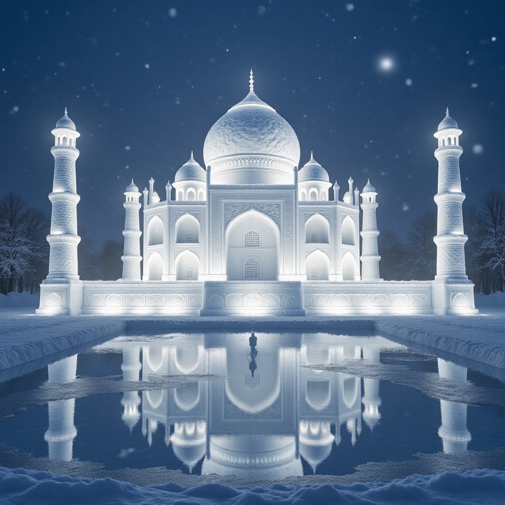 XUEDIAO,  A snow sculpture of the Taj Mahal,  dome and minarets covered in crystalline ice on Tensor.Art