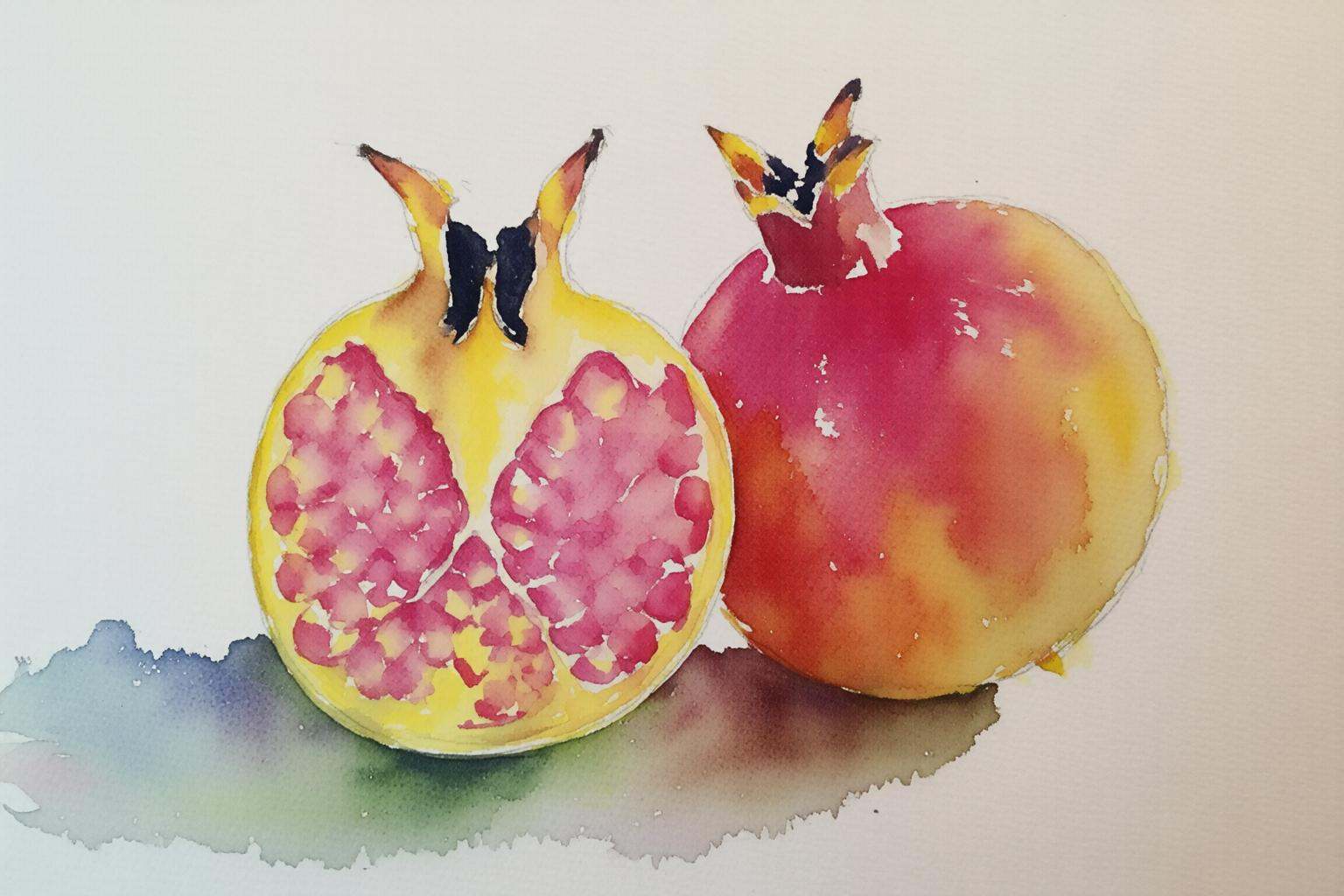watercolorbasic2q watercolor painting of two pomegranates,  one whole and one halved,  set against a plain on Tensor.Art