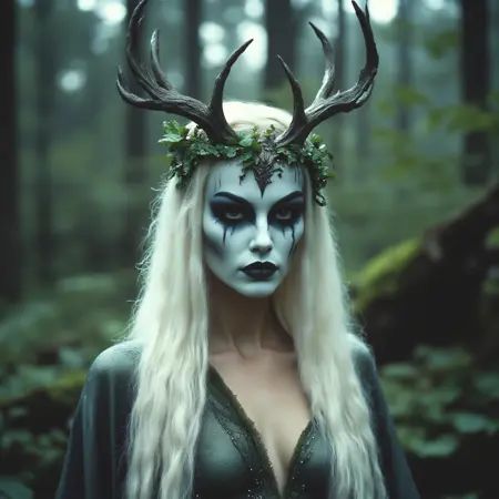 ArsMovieStill,  80s Fantasy Movie Still,  The image is a portrait of a woman with long blonde hair and a crown of antlers...