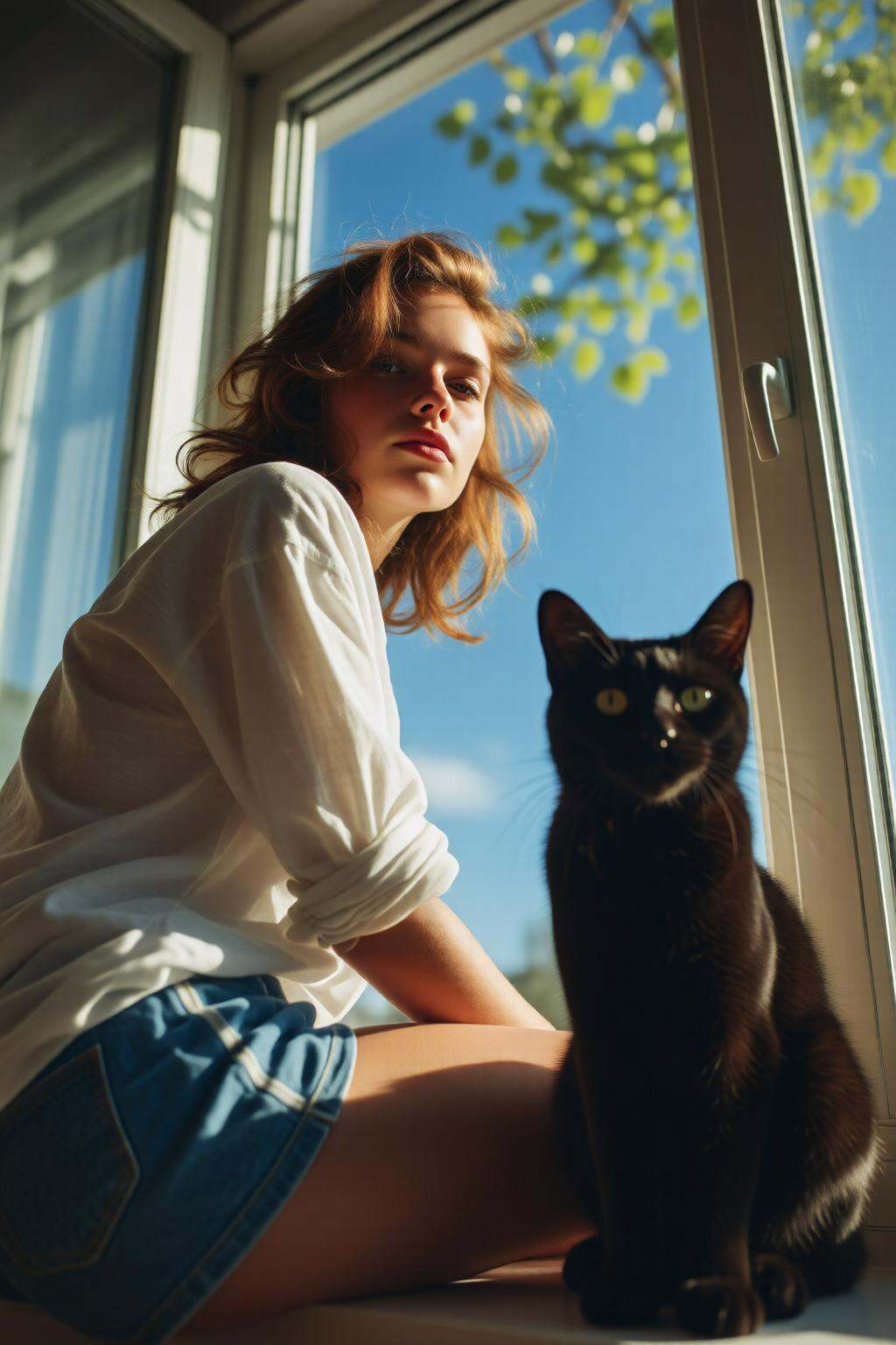 midjourneylowangle11q Low angle shot. Close-up of a young woman,  shown in side profile,  sitting by a window. She is look...