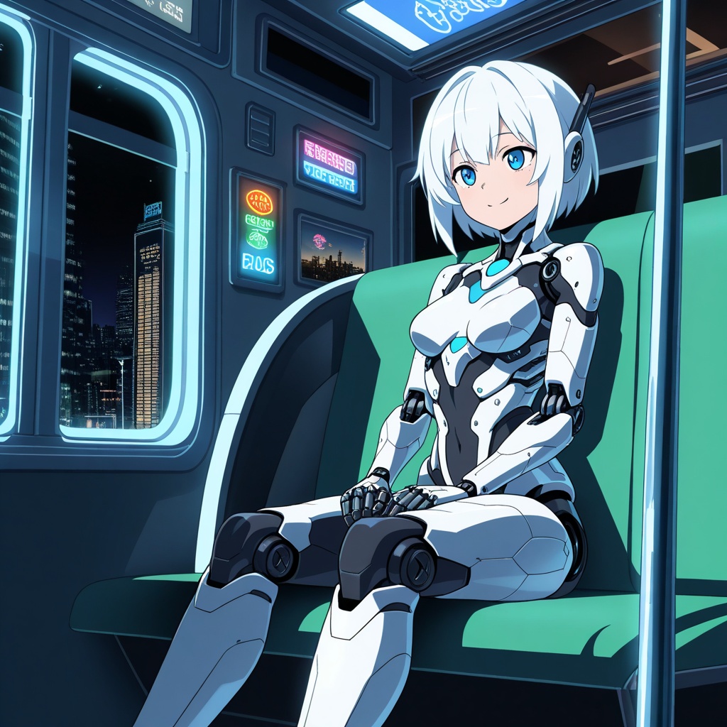 cyborg girl,  smile,  white hair on Tensor.Art