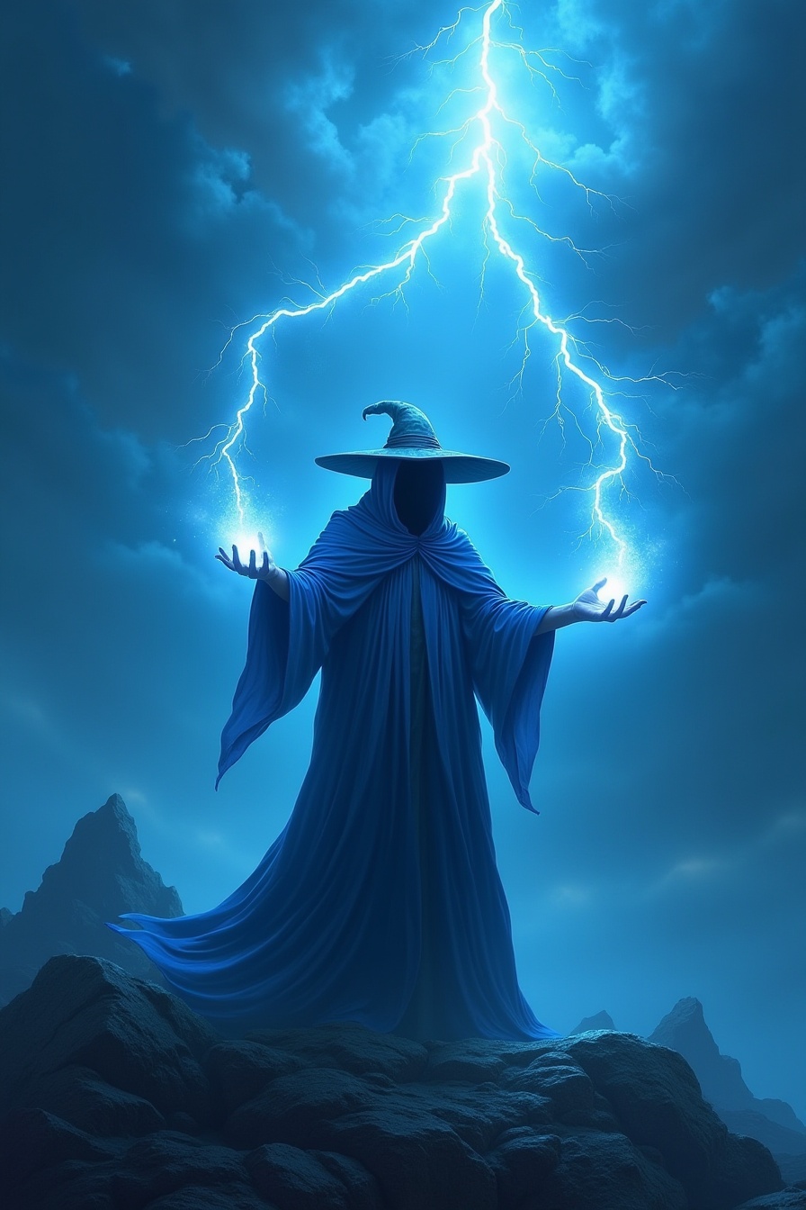 This is a digital fantasy artwork depicting a mystical scene under a dramatic, stormy sky. The central figure is a hooded figure dressed in flowing blue robes, reminiscent of a wizard or sorcerer. The figure's face is obscured by a wide-brimmed hat, and their hands glow with magical energy. They hold out their hands, directing a powerful blue lightning bolt upward from their right hand, while another bolt arcs downward from their left hand, creating a dramatic, dynamic composition.The figure stands atop a rocky outcropping, surrounded by jagged, dark rocks that add to the rugged, otherworldly atmosphere. The sky is filled with swirling, dark clouds, illuminated by the intense blue lightning bolts, which cast a stark contrast against the darker tones of the stormy sky and the rocks below. The lighting effects are highly detailed, with sharp, jagged edges on the lightning bolts and a sense of motion and energy throughout the scene.The overall color palette is dominated by blues and grays, with highlights of intense blue light from the lightning bolts. The artwork combines elements of fantasy and science fiction, creating a vivid, immersive visual experience. <lora:qihuan222 (2):1>