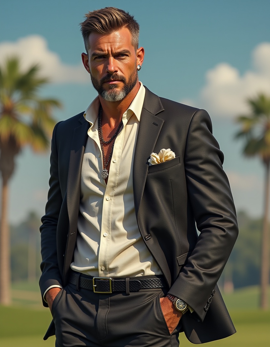 (masterpiece realistic:1.1),best quality,masterpiece,original,extremely detailed <lora:FLUX_CNfruta:1.1>1boy,mature male, facial hair, hot man, sport suit,playing golf ,jewelry