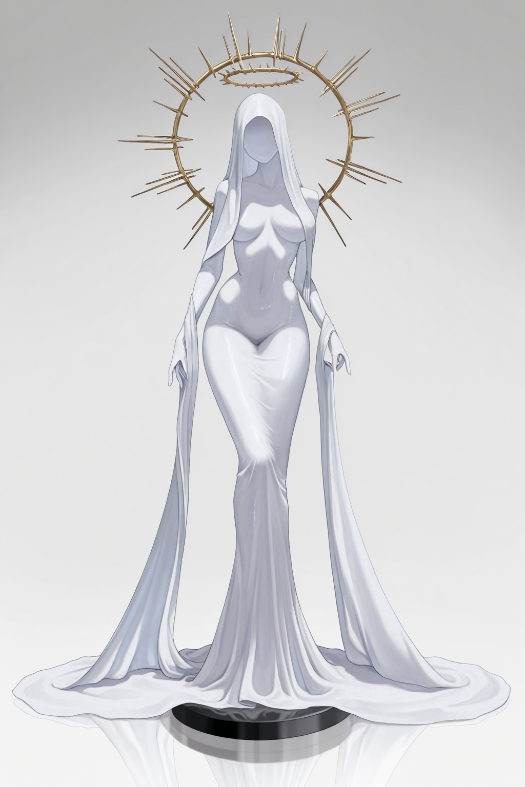 a highly detailed artwork depicting a surreal,  abstract figure draped in flowing white fabric. The figure's head is obscu...
