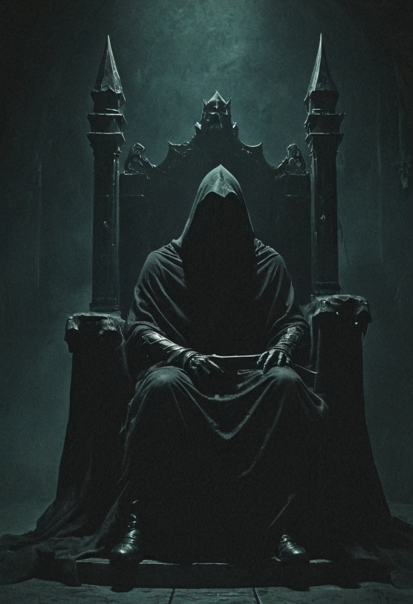 dark fantasy art style,  robed and hooded knight sits on the king's throne,  shrouded in shadow on Tensor.Art