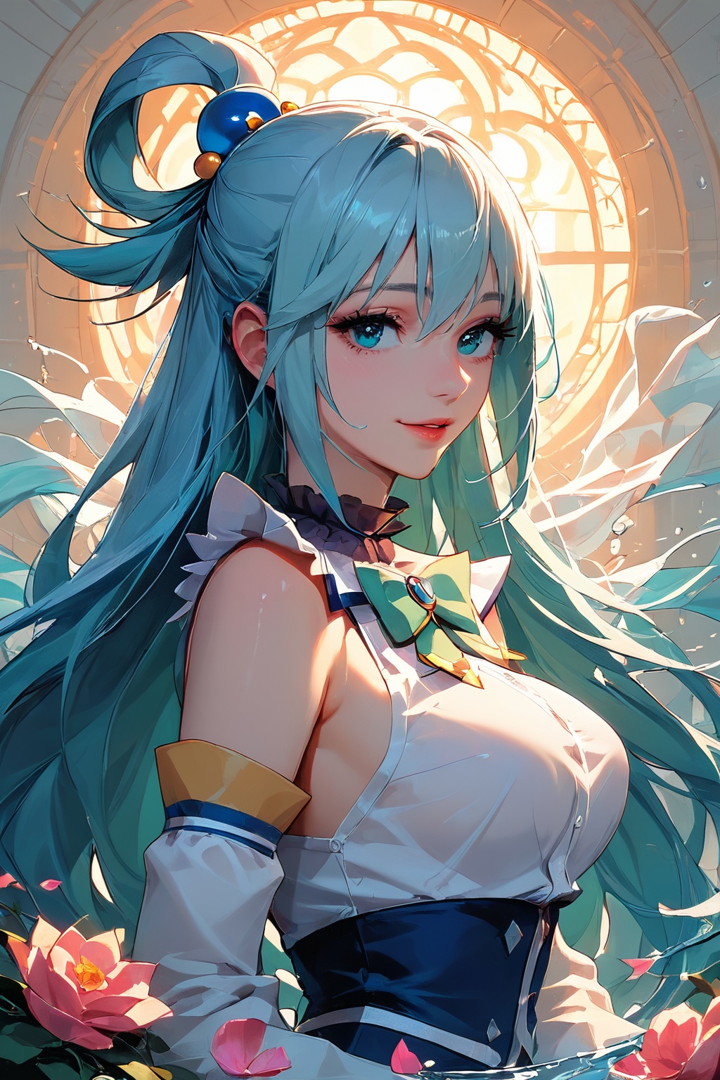 score_9,score_8_up,score_7_up,Aqua KonoSuba,water god,focus,beautiful eyes,Jekyll_and_Hyde,peak,huge goddess statue ghost background,aerial,backlighting,