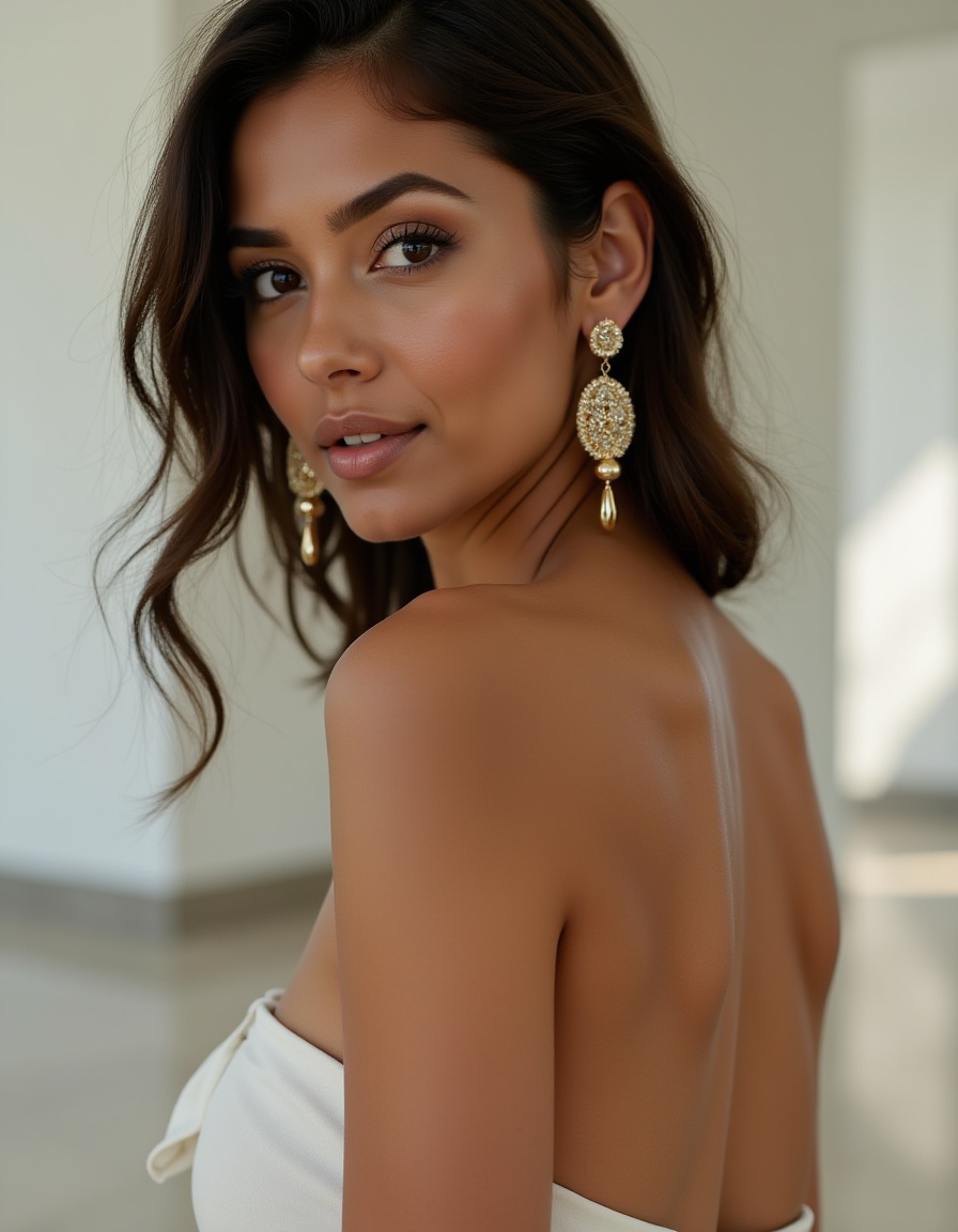 cinematic photo The reflective surfaces of her earrings and outfit create a dynamic interplay with the environment,  empha...