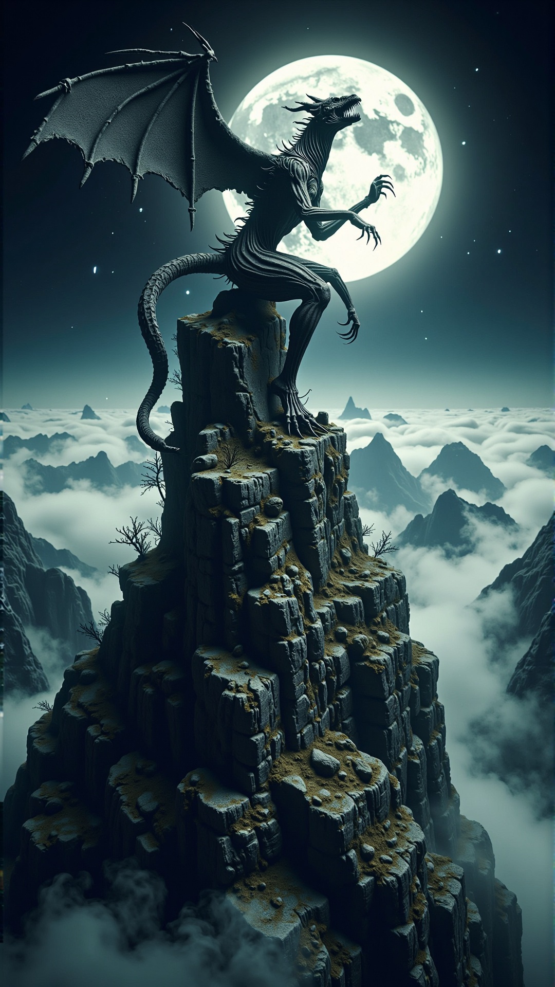 a photorealistic dark horror moody hatred A weathered,  stone statue of a mythical creature,  perched atop a mountain peak...