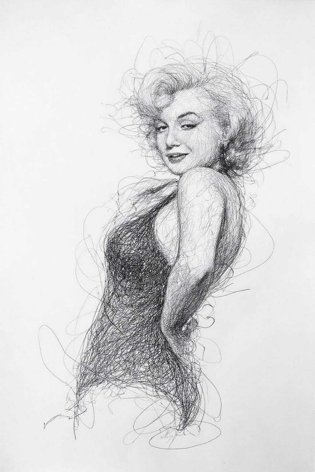 Drawing of a portrait of a Marilyn Monroe She is depicted in a side view,  with her head turned slightly to the side. on T...