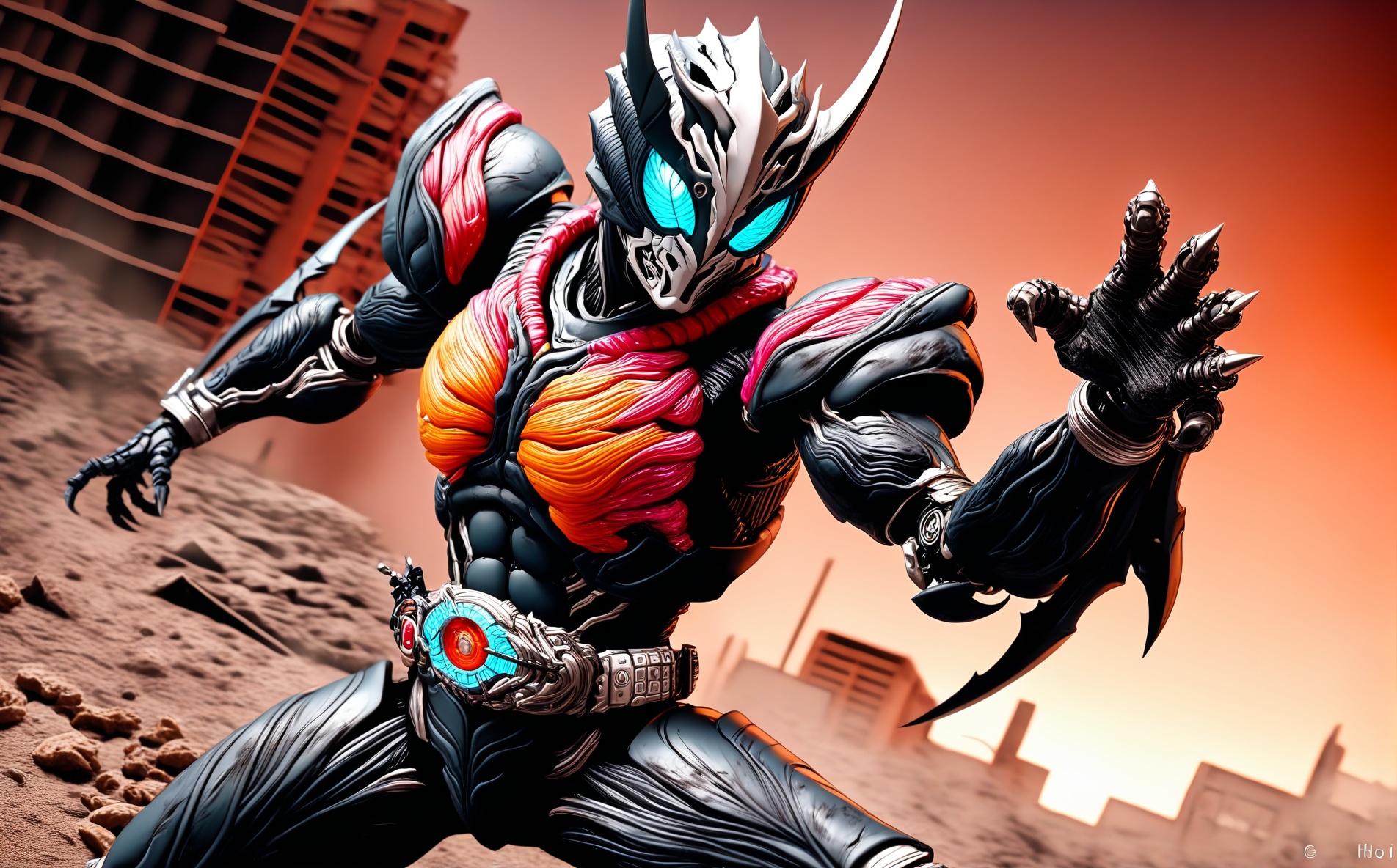 best quality,masterpiece,absurdres,newest,<lora:GENESIS_MK0.2:1>,(dramatic angle,dynamic angle,dynamic pose:1.2),fighting stance, fighting,(bio mecha,rider belt:1.3),(photorealistic, game cg:1.1),(muscle tissue, muscle:0.3), kamen rider mask,(single mechanical arms:1.3),armor,teardrop, (kyoushoku soukou guyver, guyver:0.5),(dirty,dust,old,photo \(medium\):1.2)1boy,no humans, solo, mecha,outdoors,city,building, glowing, standing, red eyes,crazy, horns, claws, glowing eyes, looking at viewer, black mecha body, r,a highly detailed, hyper-realistic cgi (computer-generated imagery) rendering of a humanoid creature with a fantastical, otherworldly appearance, the creature has a muscular, skeletal structure with intricate, leaf-like patterns in shades of red, pink, and orange, the texture of the creature's skin is smooth and glossy, with a slight sheen, indicating a high level of realism, the central body is covered in a complex network of veins and muscles, which are highlighted in vivid shades of pink and black, creating a visually striking contrast against the black and red tones of the body, the figure's head is adorned with a crown-like structure that resembles a dragon's head, with sharp, pointed horns protruding from its forehead, and a pair of small, glowing blue eyes that add a mystical or otherworldly touch, the background is a plain, light gray, ensuring that the focus remains on the creature, the overall style is highly polished and realistic, with meticulous attention to detail in the textures and shading, giving the creature a lifelike quality, ,, ,