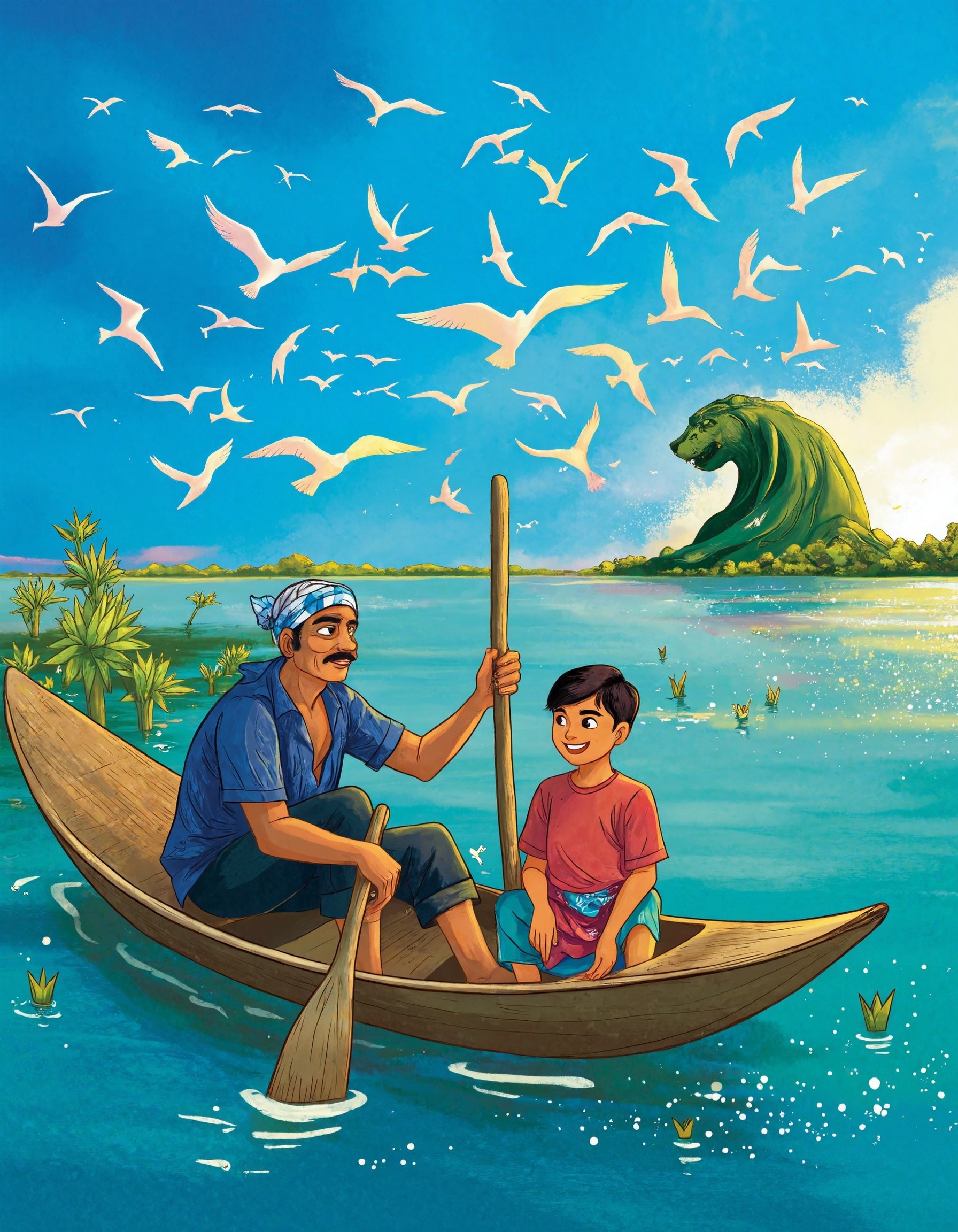 This is a high-quality,  colorful digital illustration depicting a father and son in a wooden boat navigating through a lu...