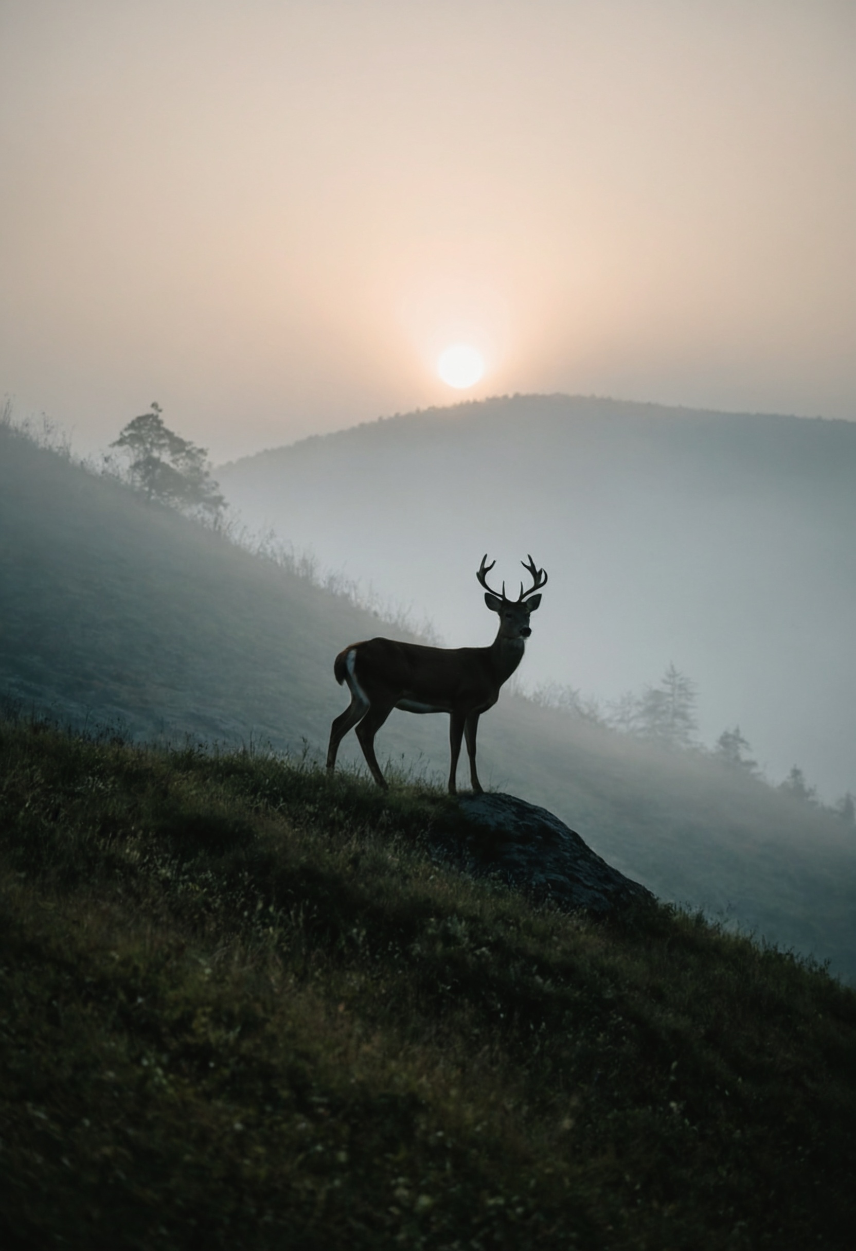 (((((Close-up of a deer standing on a foggy hillside at dawn))))),  nighttime,  dark gradient sky with a soft on Tensor.Art