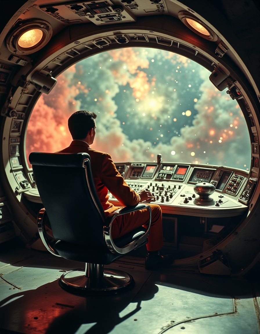 Vintage Sci-fi .On the bridge of a gargantuan spaceship,  a solitary figure sits silently in the captain's chair,  gazing...