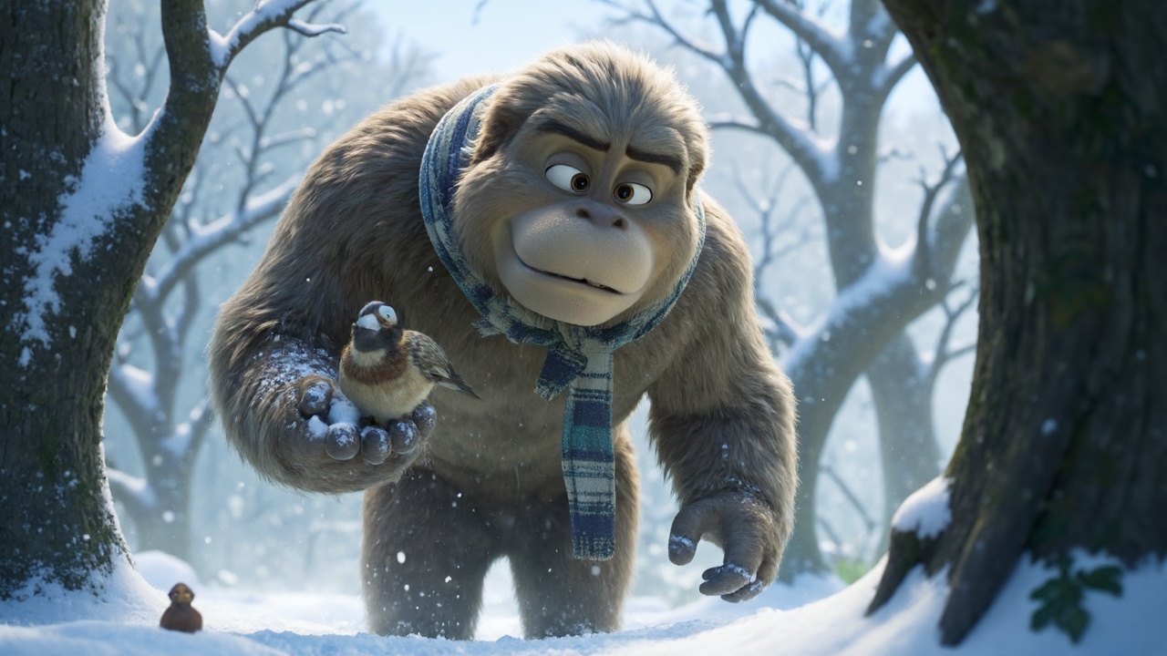 A CGI scene depicting a gentle giant,  covered in fur and wearing a tattered scarf,  wanders through a snowy forest with a...