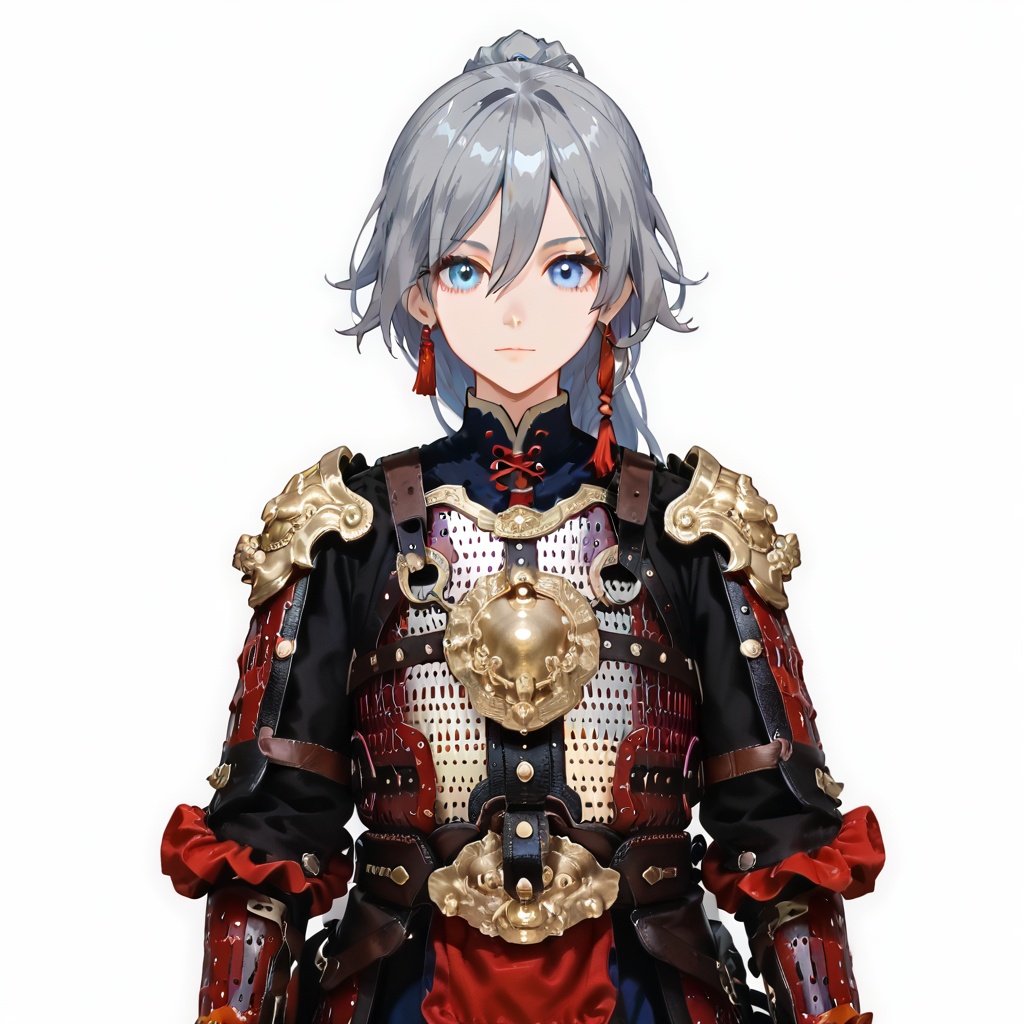 (white background:1.2),looking at viewer,(SOLO:1.4),outline,simple background,upper body, cowboy shot,looking at viewer,(((arms at side))),  fu hua,armor,blue eyes,hair between eyes,boots,grey hair,shoulder armor,gauntlets,breastplate,ponytail,in the face,tassel,sheath,sheathed,, earrings, jewelry<lora:kaijia-2-pony:0.8>
