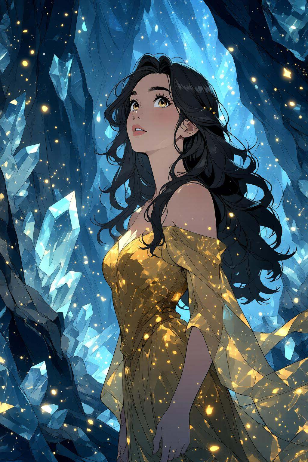 nijidigital3q anime illustration.A young woman with long,  wavy black hair,  wearing a flowing on Tensor.Art