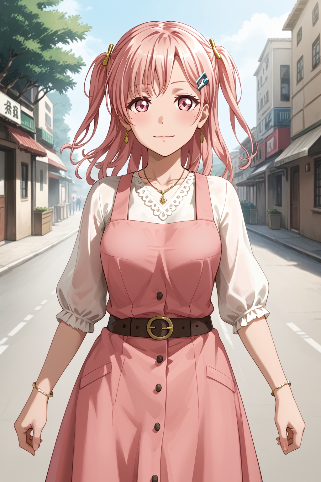 1girl,   Hiromachi Nanami,bangs,hair ornament,pink hair, hairclip, medium hair, pink eyes,two side up,, long hair<lora:qishen:0.8>