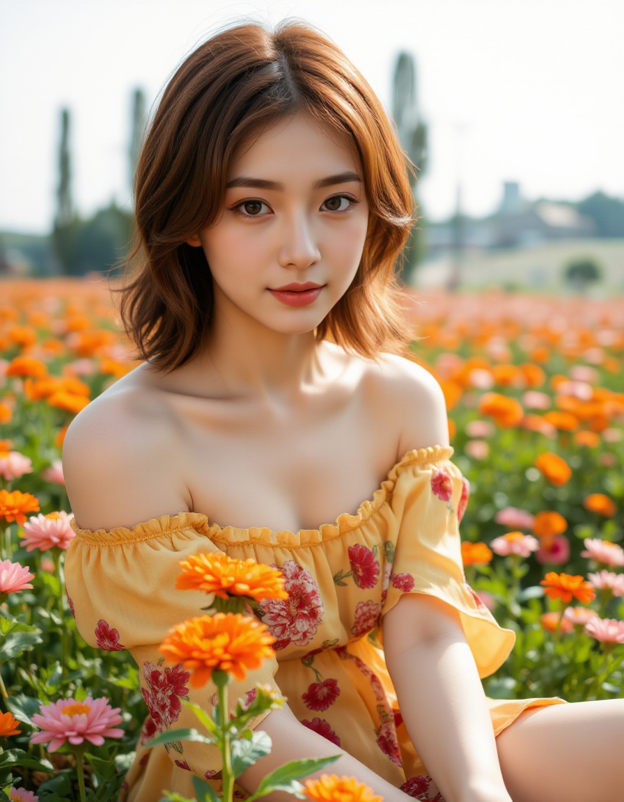 A young asian woman with fair skin and shoulder-length,  wavy auburn hair sits in a field of blooming orange and pink flow...