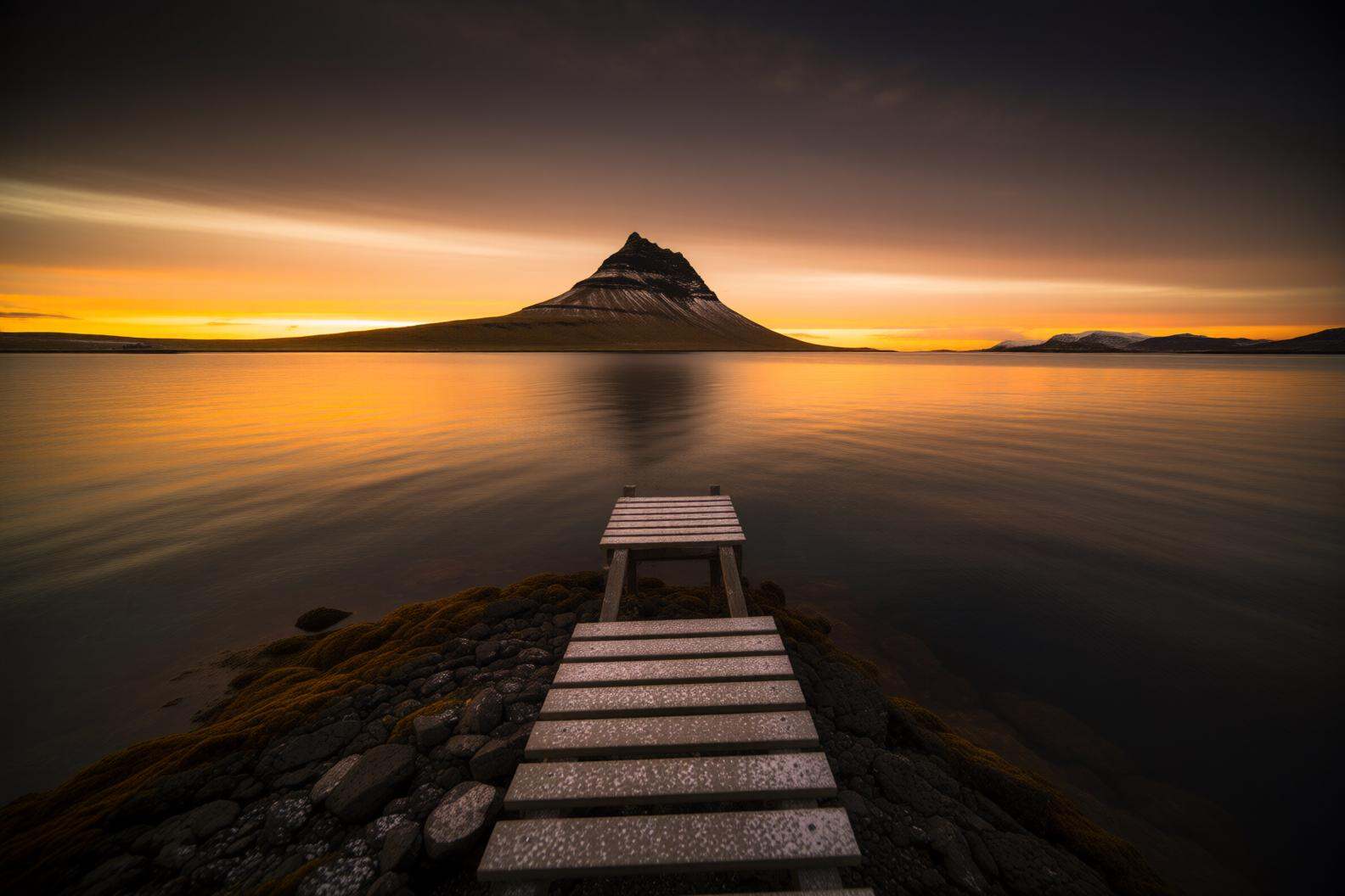 aurelmanea2q photography.A seascape at sunset,  with a wooden dock extending into the calm water. The dock leads to a smal...