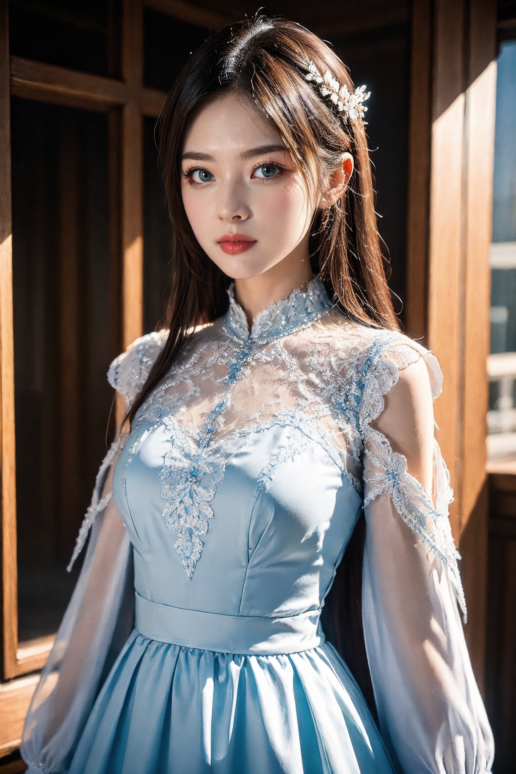 (extremely detailed:1.4),1girl, solo, upper body, blue and white dress,
