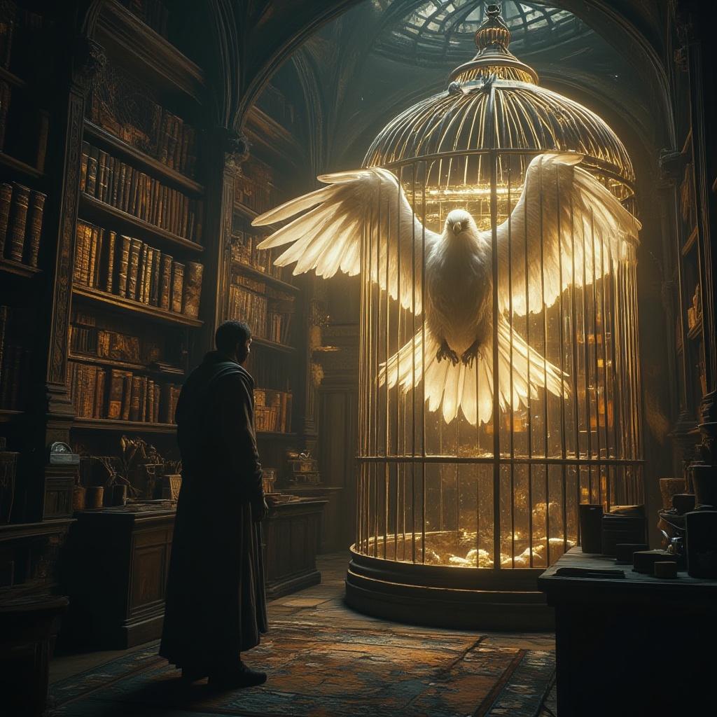 cinematic film still professional 3d model "A glowing winged bird in a mystical library casts golden light on a person sta...