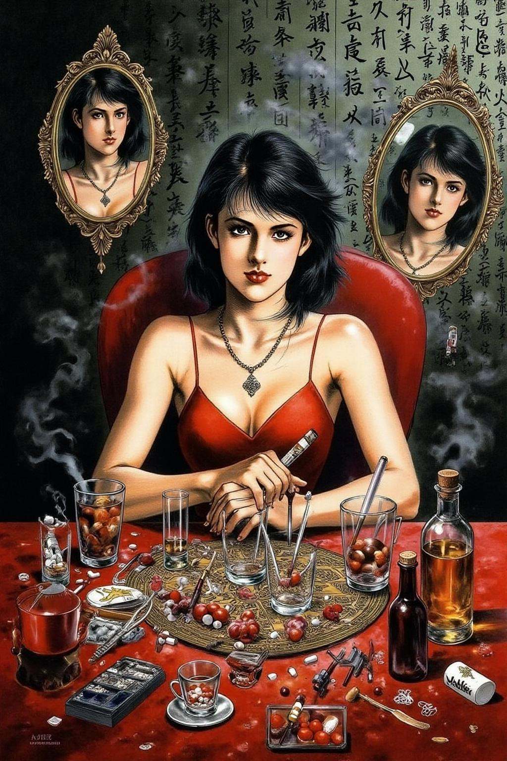 1keryo illustration. Create a cinematic,  surreal portrait of a woman seated at a cluttered red table,  surrounded by mirr...