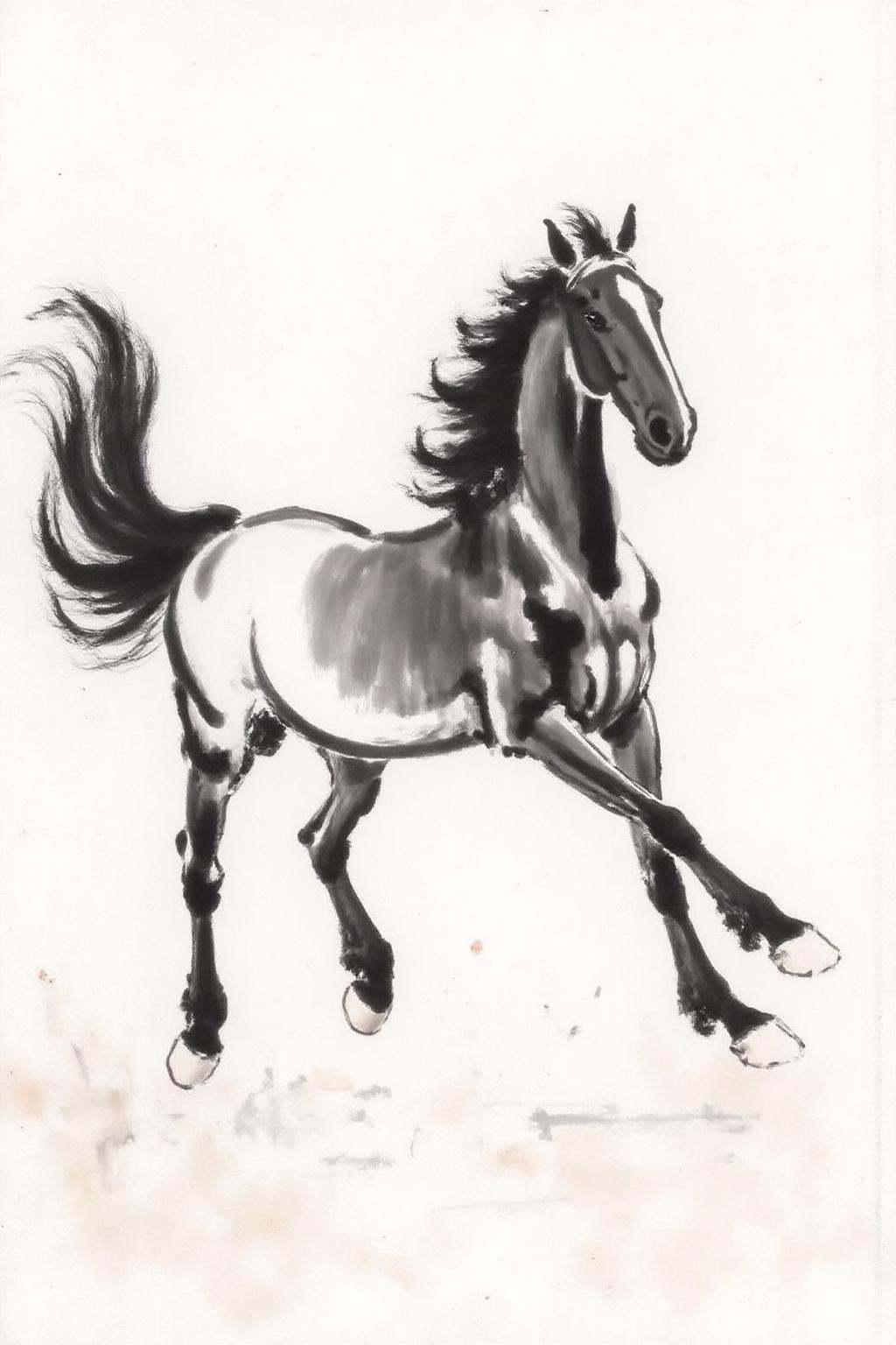 xbh1 ink wash painting.A horse galloping. Stark white background on Tensor.Art