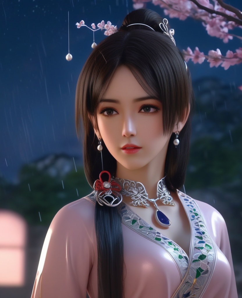 <lora:843-DA-XL-元龙-宋嫣:0.8>, (,1girl, ,best quality, ),, ,ultra detailed 8k cg,            cinematic lighting, cinematic bloom, (( , )),,  , unreal, science fiction,  luxury, jewelry, diamond, pearl, gem, sapphire, ruby, emerald, intricate detail, delicate pattern, charming, alluring, seductive, erotic, enchanting, hair ornament, necklace, earrings, bracelet, armlet,halo,masterpiece, (( , )),,  ,cherry blossoms,(((, night,night sky,,  ultra high res, (photorealistic:1.4), raw photo, 1girl, , rain, sweat, ,wet, )))(( , ))   (cleavage),kneeling,  butterfly,