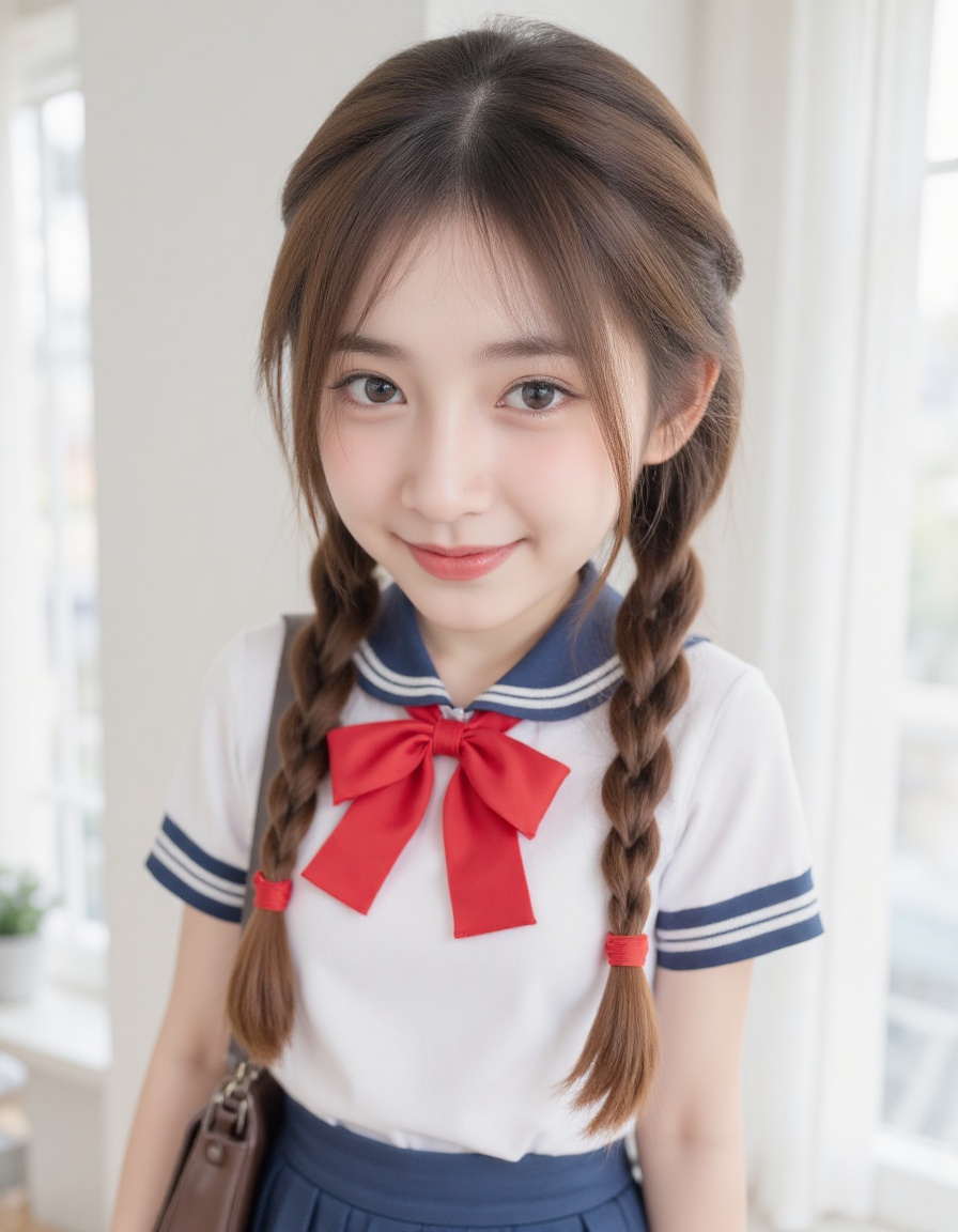 A young schoolgirl with a big head,  wearing a classic Japanese sailor school uniform.,  The uniform consists of a white t...