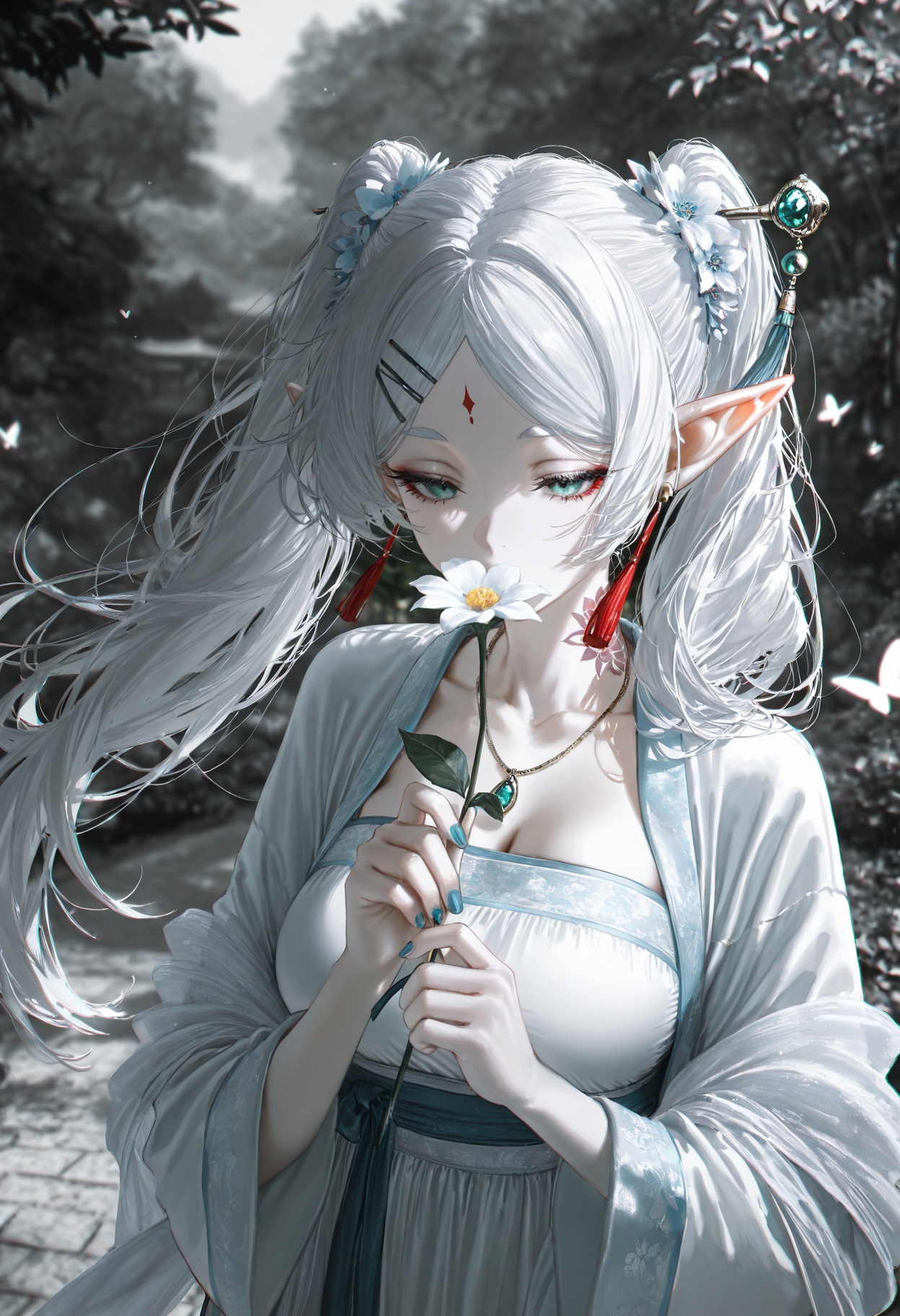 perspective,fisheye lens,blurry,photo background,1girl,solo,sousou no frieren,frieren,earrings,chromatic aberration,messy hair,elf,pointy ears,twintails,white hair,white shirt,fashion,cool girl,pose,holding flower,good hands,scenery,outdoors,nature,leaf,wind,tassel,blunt bangs,large breasts,nail polish,covered mouth,tassel earrings,jewelry,hair flower,hairclip,long sleeves,hair stick,collarbone,pale skin,gem,facial mark,forehead mark,necklace,tattoo,shawl,neck tattoo,outdoors,(blurry background:1.21),(hanfu:1.61051),(chinese clothes:1.21),(eyeliner, makeup:1.331),butterfly,garden,falling,((artist:betabeet)),artist:john_kafka,artist:nixeu,artist:quasarcake,masterpiece,best quality,solo,monochrome,spot color,very awa,masterpiece,best quality,year 2024,newest,highres,absurdres,