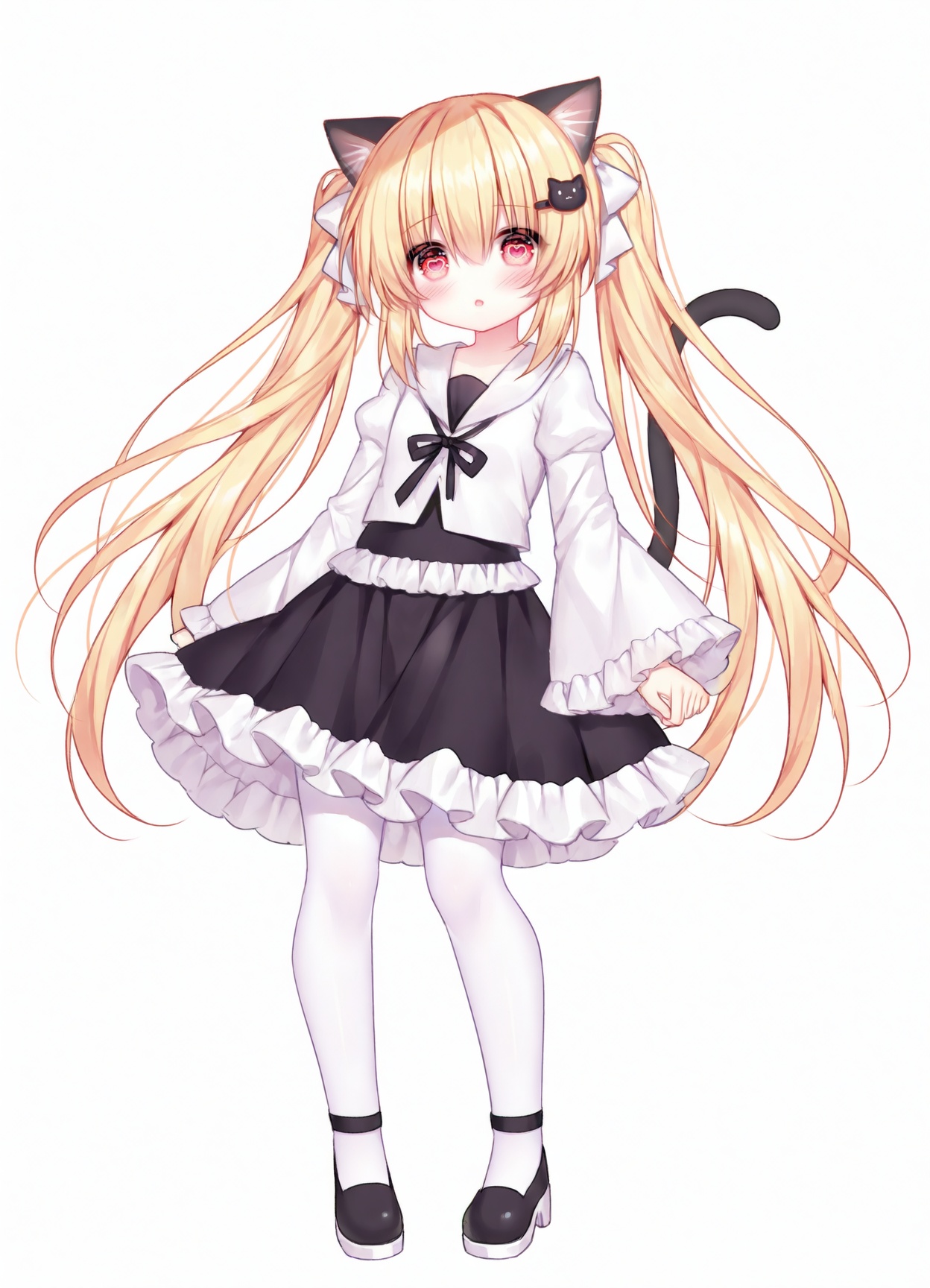 masterpiece, best_quality,high_quality,guo jiang mullay, loli,heart-shaped eyes,1girl, animal ears, cat ears, blonde hair, solo, twintails, cat tail, tail, long hair, black skirt, black footwear, skirt, red eyes, cat hair ornament, white pantyhose, long sleeves, full body, looking at viewer, shirt, bow, white shirt, frills, hair ornament, cat girl, shoes, wide sleeves, pantyhose, hair between eyes, very long hair, ribbon, frilled skirt, animal ear fluff, white background, hair bow, blush, hairclip<lora:guo_jiang-R2-lokr-f4:0.85>