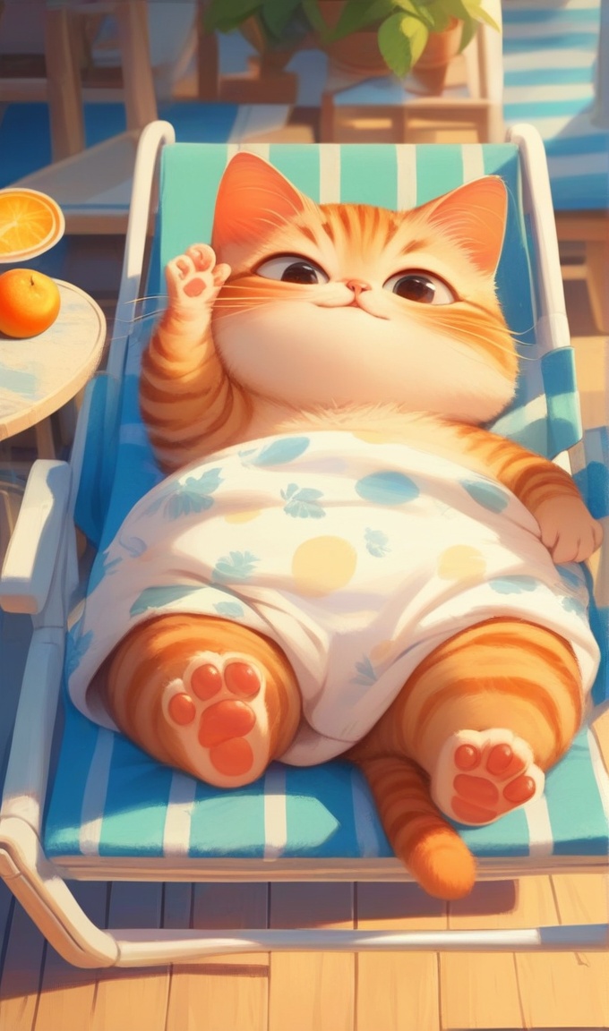 no humans,orange cat,fat cat,animal focus,animal,on back,chair,lying,lounge chair,fruit,dark tone,score_9,score_8_up,score_7_up,intricate details,solo,<lora:cute cat:0.7>,