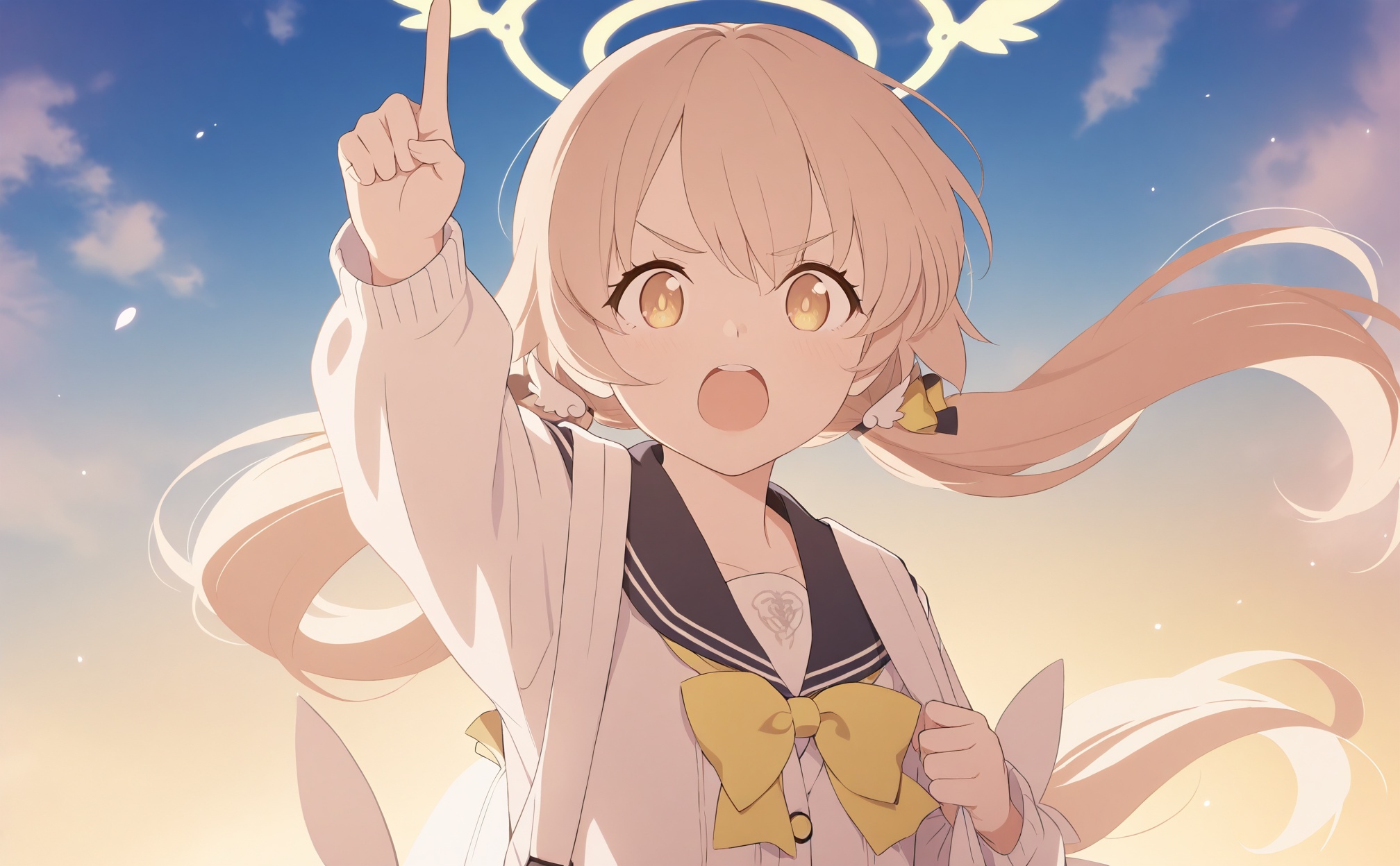 masterpiece,best quality,high quality,loli,1girl,hifumi (blue archive),solo,halo,twintails,white cardigan,pointing up,open mouth,cardigan,low twintails,pointing,long hair,sailor collar,arm up,light brown hair,yellow eyes,wing hair ornament,sky,long sleeves,upper teeth only,upper body,school uniform,blue sailor collar,black sailor collar,index finger raised,backpack,bag,teeth,bow,yellow bow,ribbon,yellow bowtie,brown hair,v-shaped eyebrows,white bag,blue sky,serafuku,looking at viewer,yellow ribbon,<lora:BA2——【Illustrious】hans:1>,