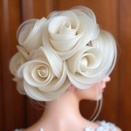 Midshot rear view photograph of A bride with a artistic updo,  side angle. Platinum-blonde hair arranged into multiple con...