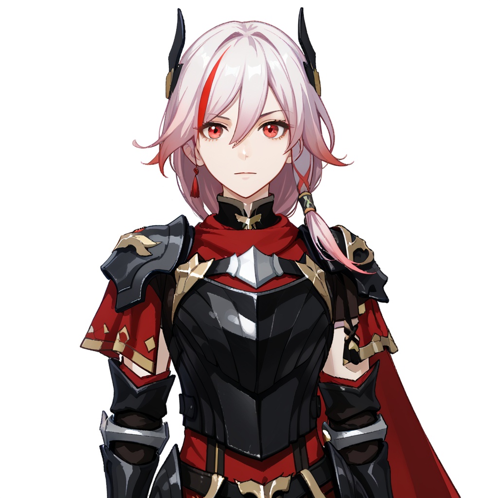 (white background:1.2),looking at viewer,(SOLO:1.4),outline,simple background,upper body, cowboy shot,looking at viewer,(((arms at side))),  fu hua, fu hua mordver, long hair, bangs, red eyes, hair between eyes, white hair, red hair, multicolored hair, streaked hair, armor, red cape, low-tied long hair, pink hair, pauldrons, breastplate, shoulder armor, hair ornament<lora:beikaijia-pony:0.8>