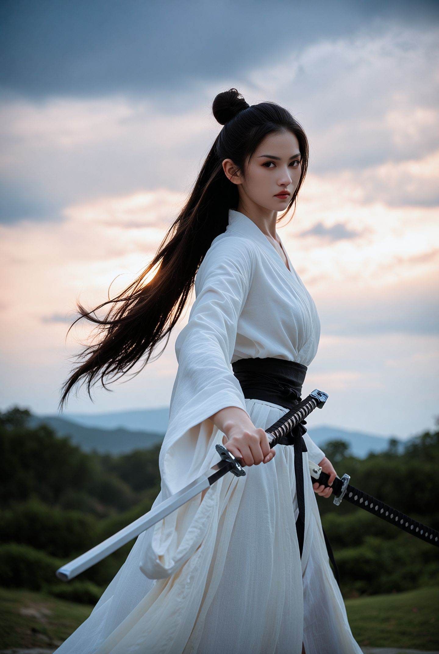 score_9,score_8_up,score_7_up,score_6,simple,(blurry background:1.1),blurry,(blurry foreground:1.1),weapon, sword, 1girl, solo, long hair, black hair, holding weapon, holding, katana, hair bun, wide sleeves, holding sword, single hair bun, sash, sky, fighting stance, cloud, outdoors, jewelry, standing